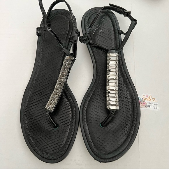 Brian Atwood Black Leather Flat Strappy Sandals Crystal Embellishments 8.5 / 39 - Picture 1 of 7